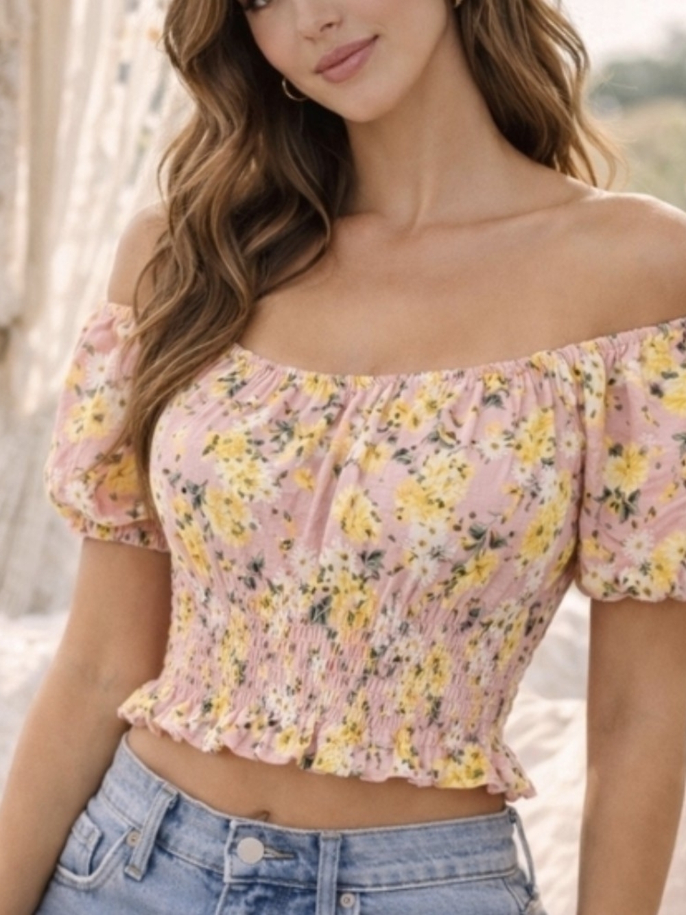 Ardene Pink Floral Off-Shoulder Smocked Crop Top